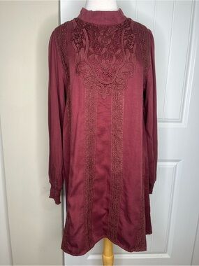 Jackson Rowe Women Maroon Red Mini Dress Lace Long Sleeve Boho Vampire Mock Neck